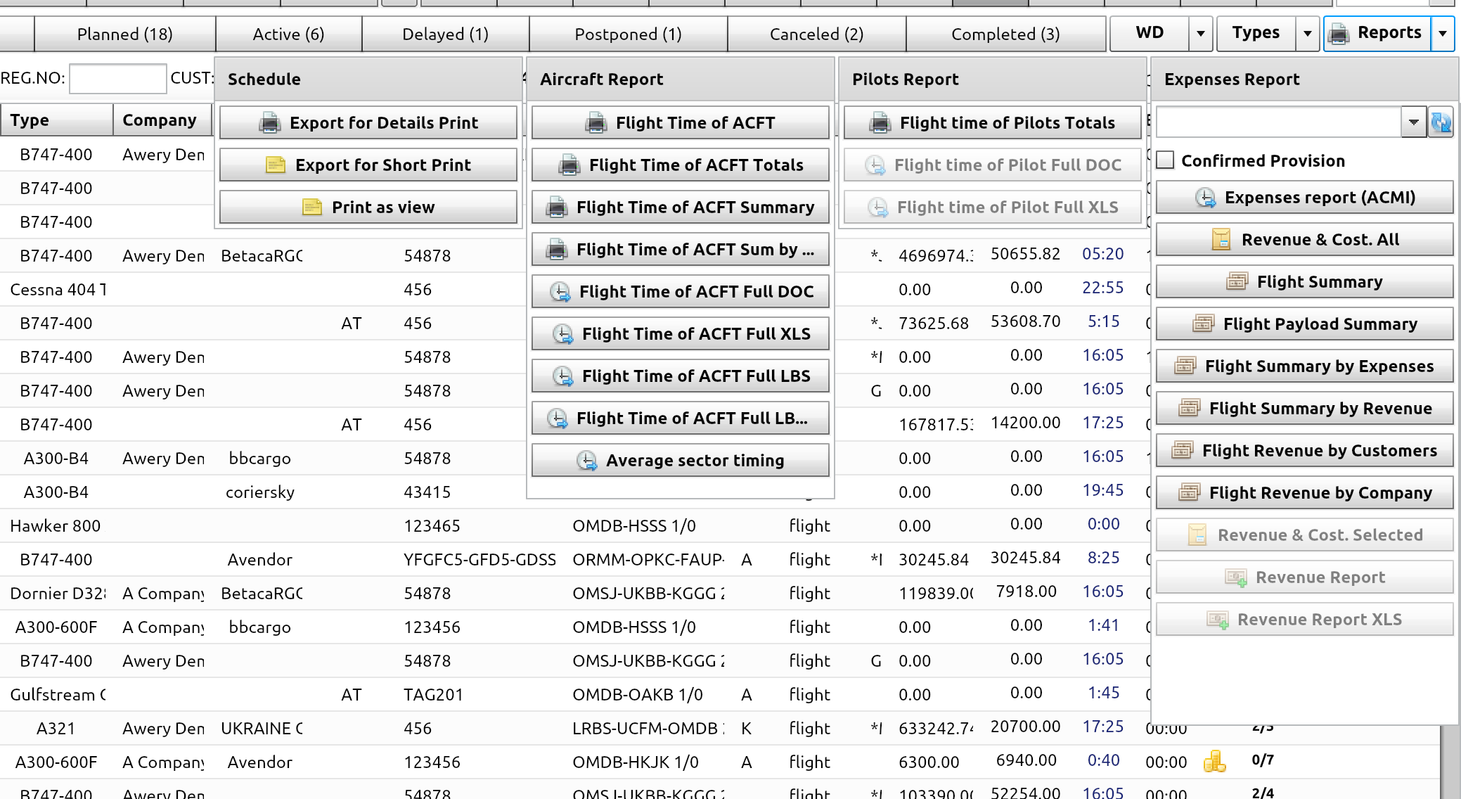 Flight list with reporting options