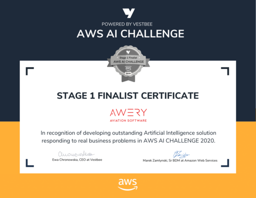 Awery  was recognized as a Stage 1 finalist in the AWS AI Challenge.