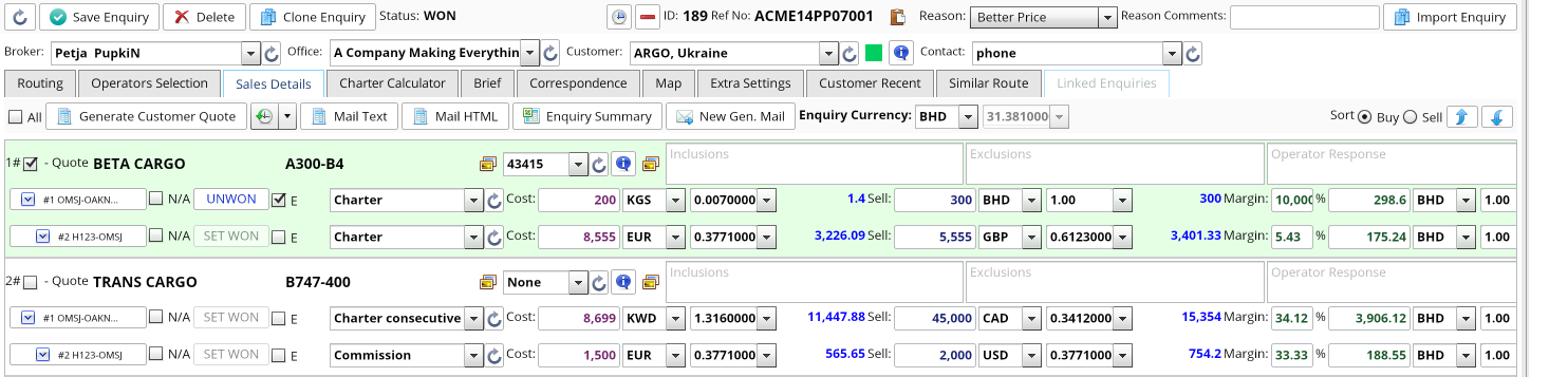 Sales details of enquiry